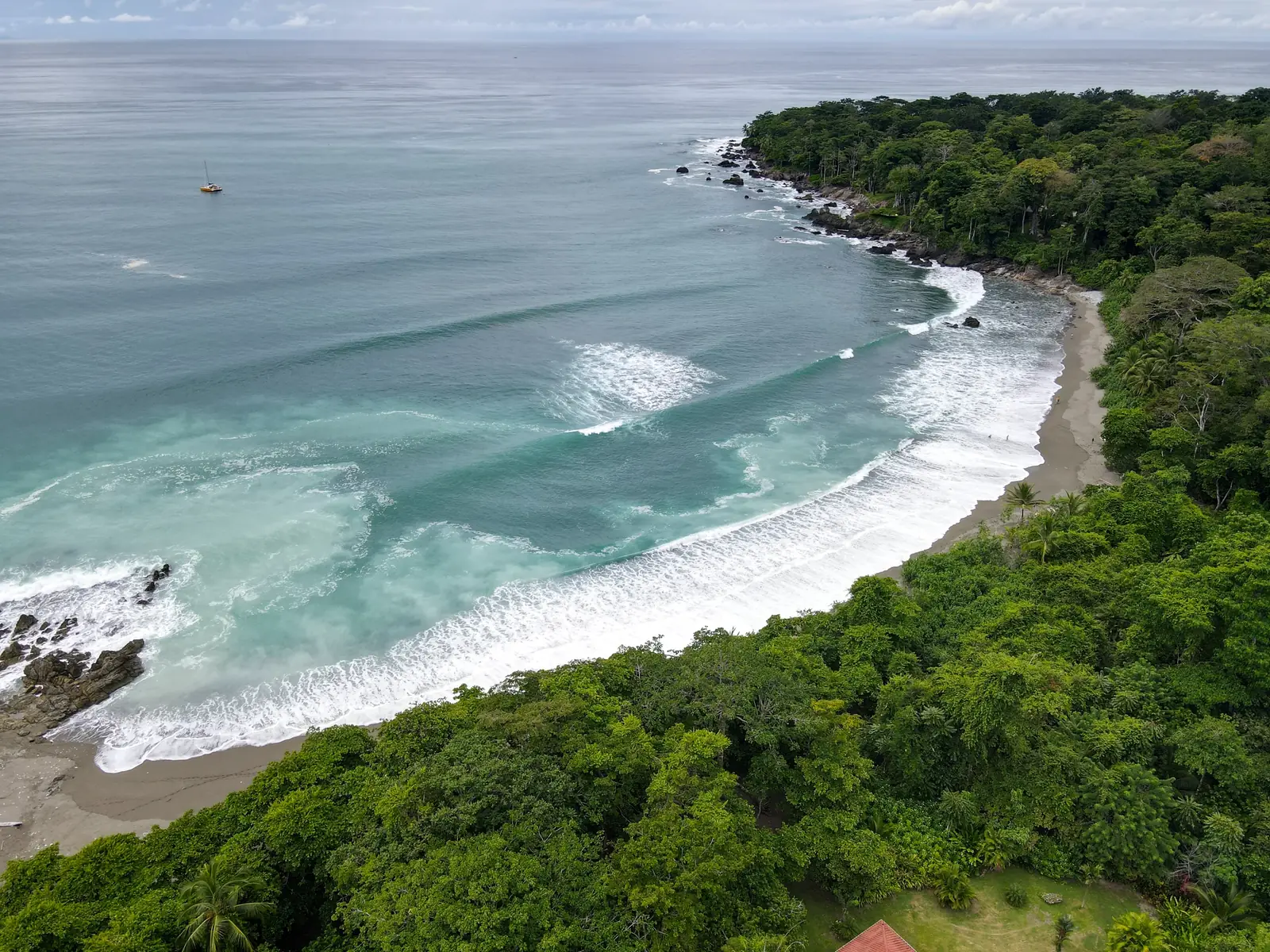 Aerial view of a sandy cove with surf and forest along the shore